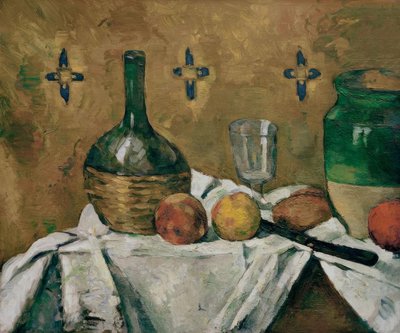 Stillleben: Flasche, Glas und Keramik von Paul Cézanne